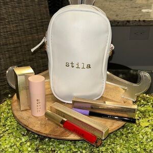 Stila White Crossbody Makeup Pouch with Stila Makeup Collection 4.5”x 7.5”x 2”